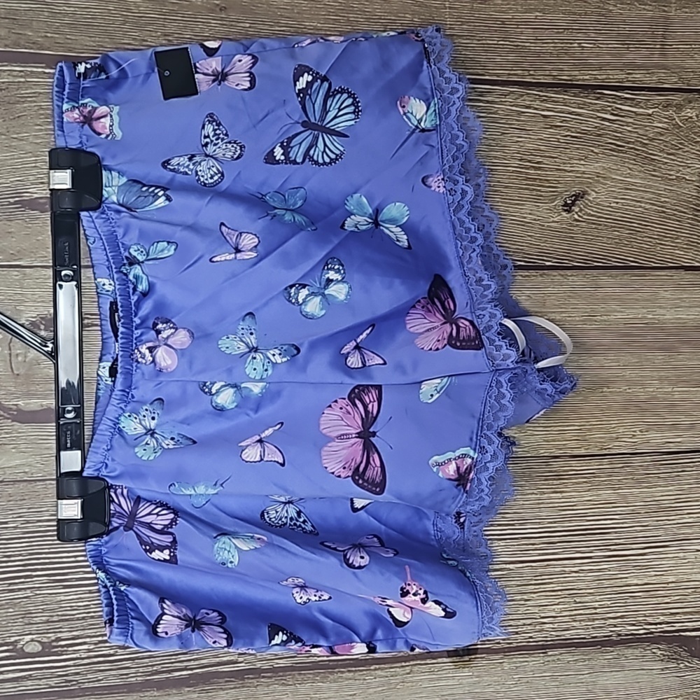 INC Womans Lace Cami Shorts Pajama Sz Large Purple Butterfly Print Lace Trim
